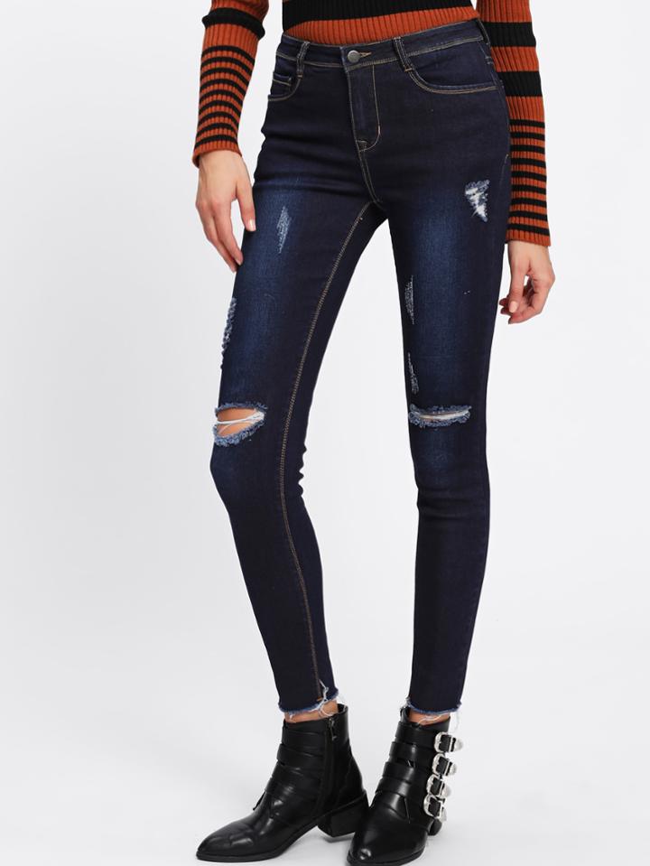 Shein Ripped Raw Hem Tight Jeans