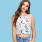Shein Halter Neck Floral Print Ribbed Crop Top