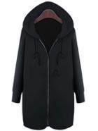 Shein Black Zipper Front Drawstring Hooded Coat