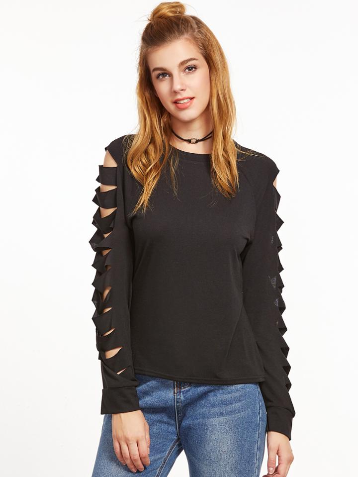 Shein Black Ladder Ripped Sleeve Sweatshirt