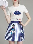 Shein White Embroidered Top With Striped Skirt