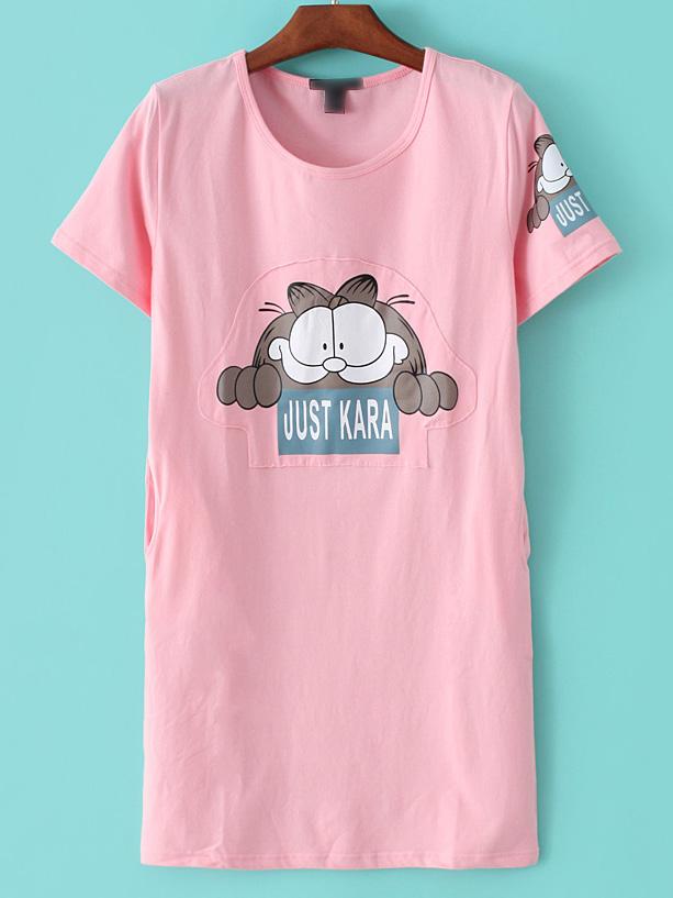 Shein Pink Round Neck Cat Printed Slim T-shirt