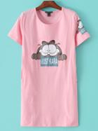Shein Pink Round Neck Cat Printed Slim T-shirt