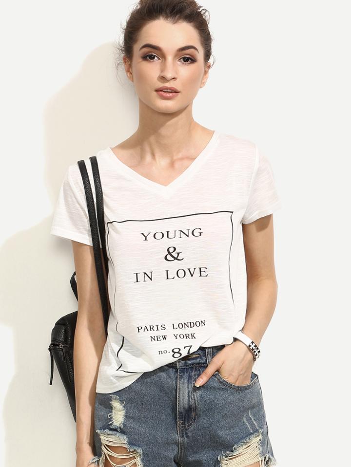 Shein White Print V Neck Short Sleeve T-shirt