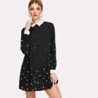 Shein Contrast Collar And Cuff Pearl Detail Dress