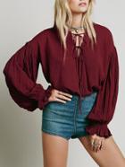Shein Burgundy Lace Up Front Puff Sleeve Blouse