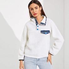 Shein Pocket Front Mock-neck Teddy Pullover