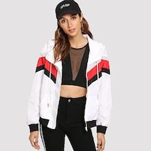 Shein Striped Panel Drawstring Zip Up Jacket