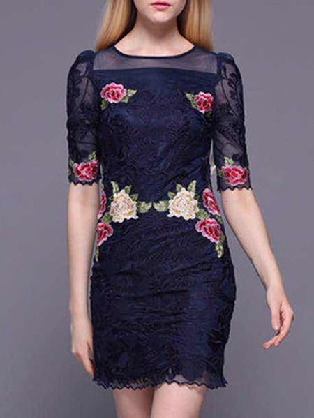 Shein Navy Gauze Embroidered Applique Pouf Sheath Dress