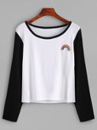 Shein Contrast Long Sleeve Rainbow Embroidered T-shirt
