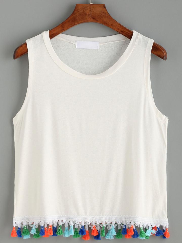 Shein White Tassel Trim Tank Top