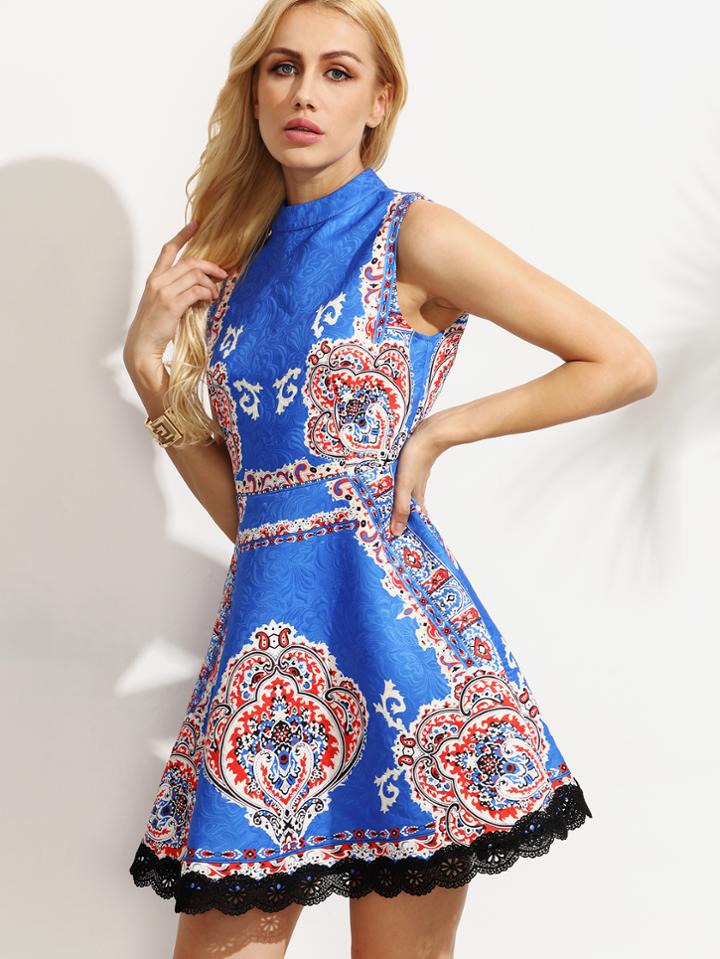 Shein Multicolor Print High Neck Lace Hem Dress