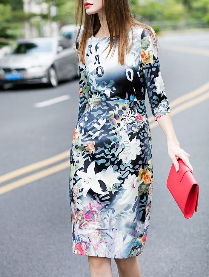 Shein Multicolor Round Neck Half Sleeve Print Dress