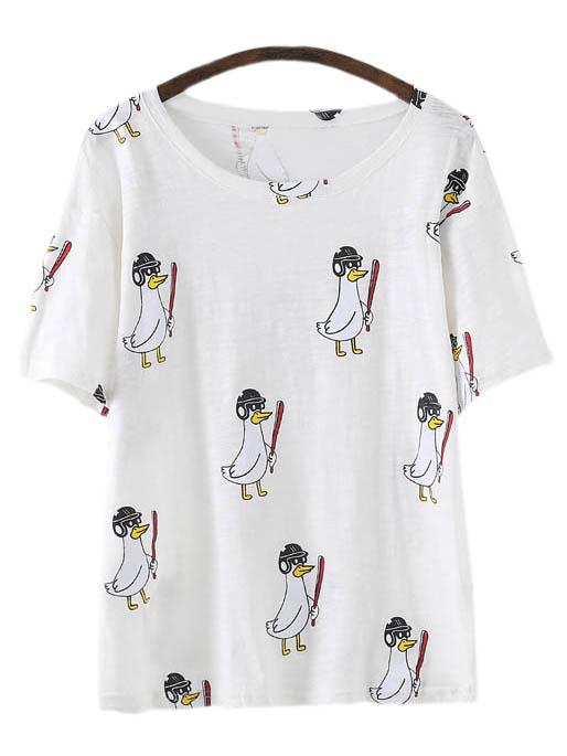 Shein White Short Sleeve Baseball Ducklings Print T-shirt