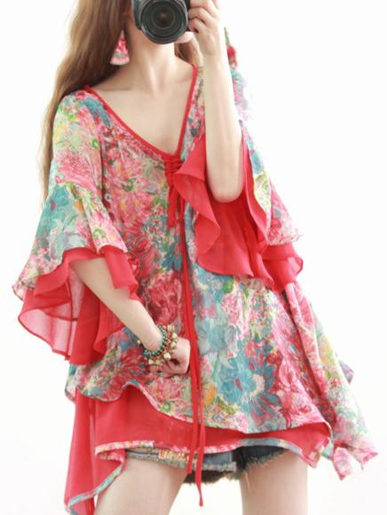 Shein Red V Neck Ruffle Sleeve Floral Blouses