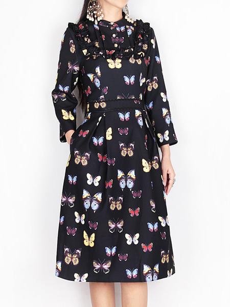 Shein Black Butterfly Print Pockets A-line Dress