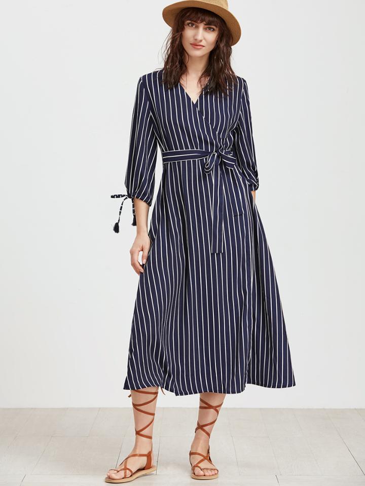 Shein Vertical Striped Tie Cuff Surplice Wrap Dress