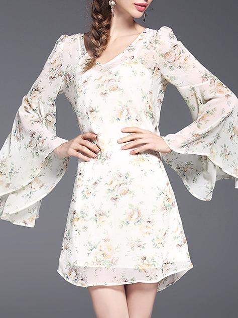 Shein White V Neck Bell Sleeve Floral Dress