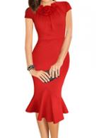 Rosewe Short Sleeve Red Zipper Closure Mermaid Dress