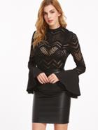 Shein Black Button Back Bell Sleeve Sheer Chevron Blouse