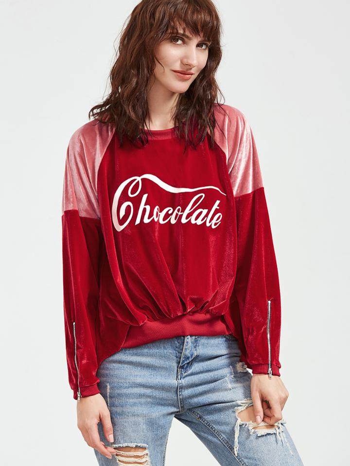 Shein Color Block Letter Print Zip Detail High Low Velvet Sweatshirt