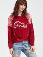 Shein Color Block Letter Print Zip Detail High Low Velvet Sweatshirt