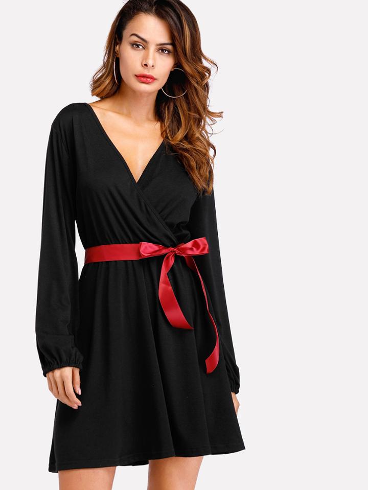 Shein Surplice Neckline Ribbon Tie Dress