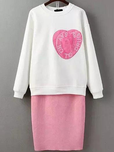 Shein White Crew Neck Heart Pattern Top With Pink Skirt