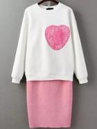 Shein White Crew Neck Heart Pattern Top With Pink Skirt