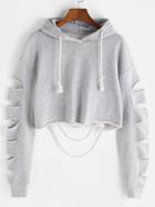 Shein Heather Grey Drop Shoulder Ripped Sleeve Crop Hoodie