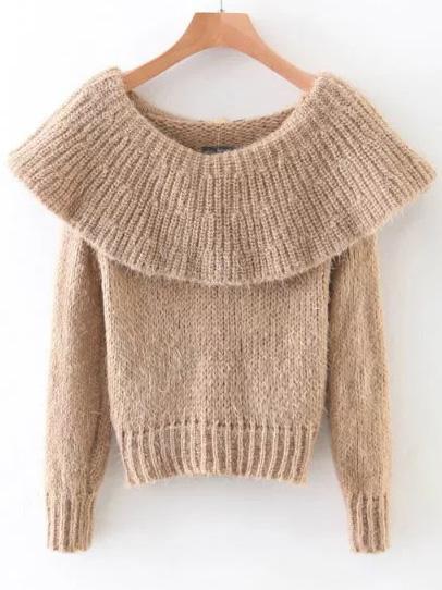 Shein Khaki Ribbed Boat Neck Sweater