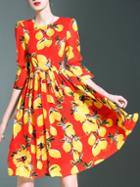 Shein Red Bell Sleeve Lemons Print Dress