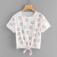 Shein Allover Strawberry Print Knot Hem Tee