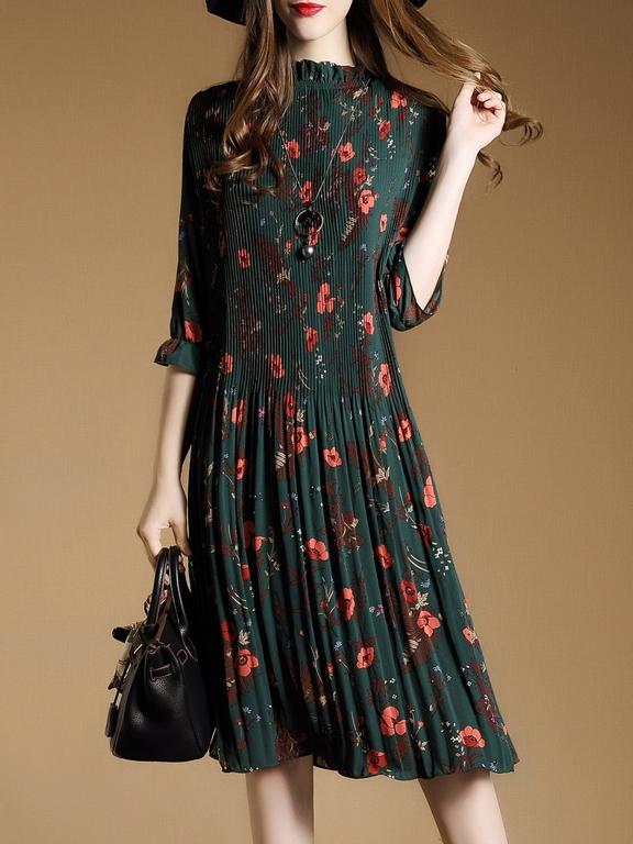 Shein Green Floral Pleated A-line Dress