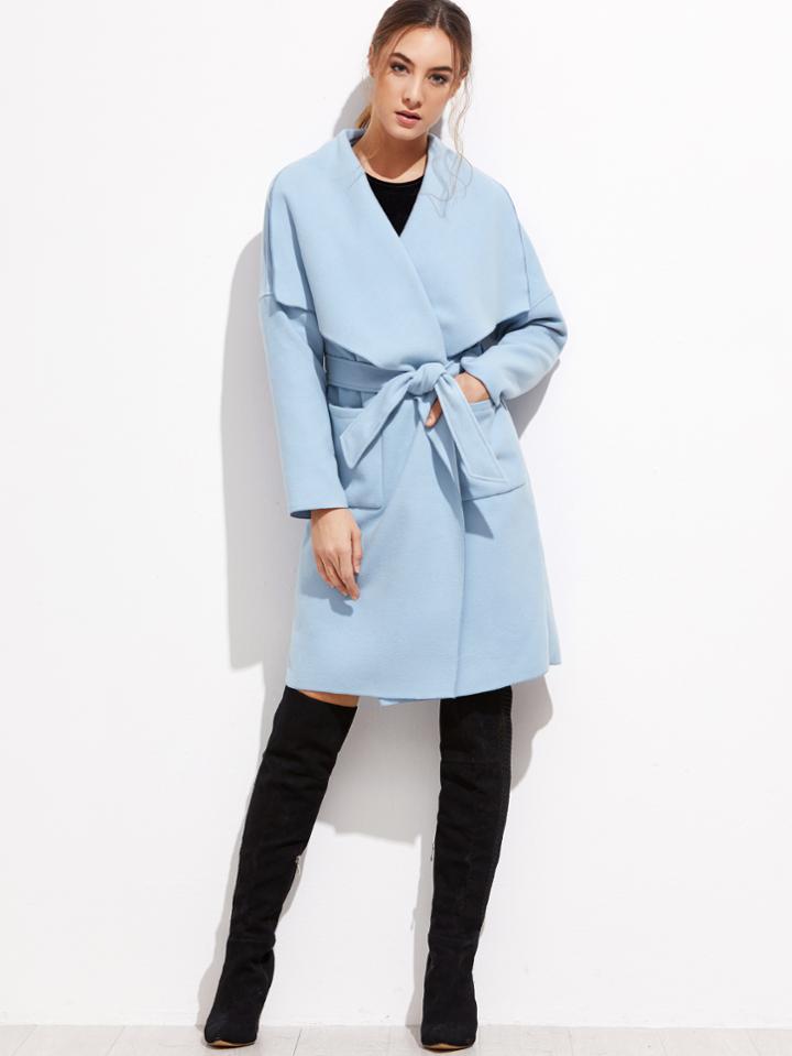 Shein Blue Drop Shoulder Drape Collar Wrap Coat