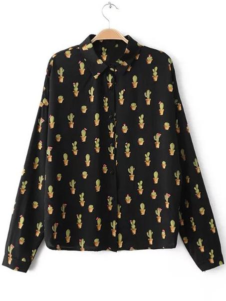Shein Multicolor Long Sleeve Buttons Front Cactus Print Blouse