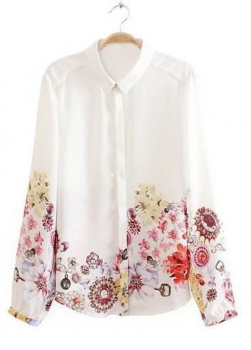 Rosewe Ol Style Turndown Collar Long Sleeve Print Blouse