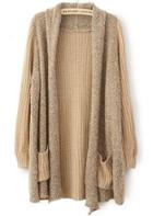Shein Khaki Long Sleeve Pockets Loose Cardigan Sweater