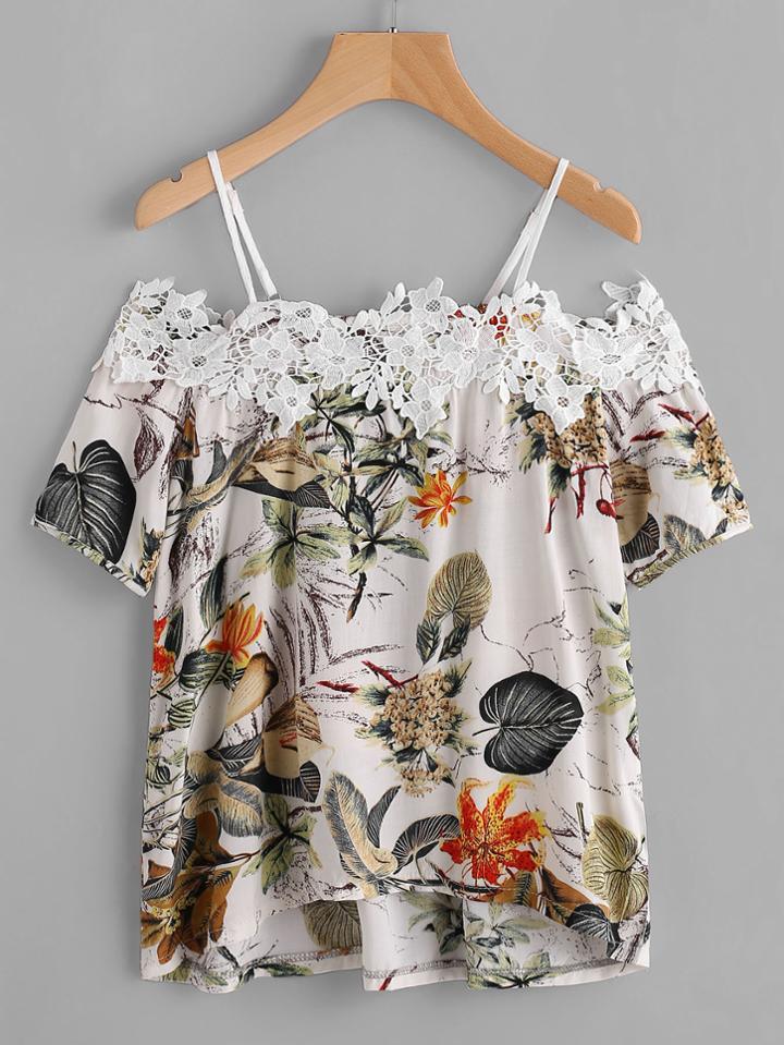 Shein Tropical Print Contrast Crochet Trim Top