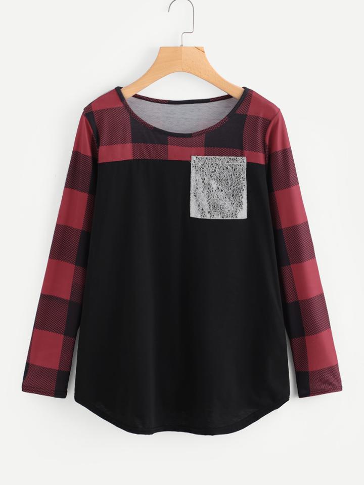 Shein Contrast Plaid Curved Hem T-shirt