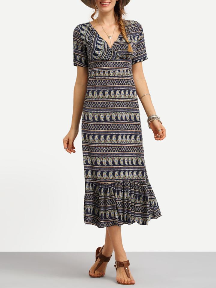 Shein Paisley Print Ruffle Hem Long Dress - Black
