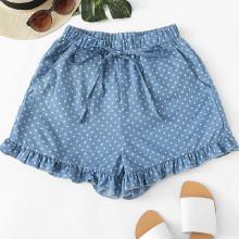Shein Knot Front Frill Hem Polka Dot Denim Shorts