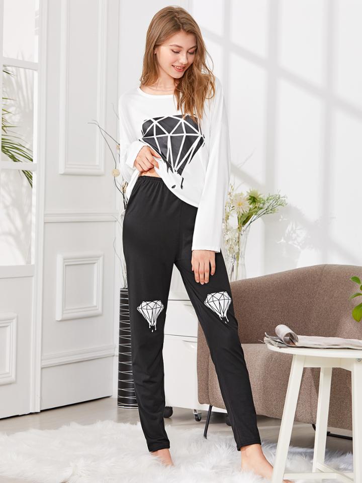 Shein Diamond Print Tee & Pants Pj Set
