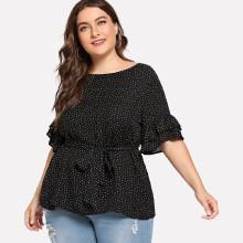Shein Plus Polka Dot Flounce Sleeve Tie Waist Top