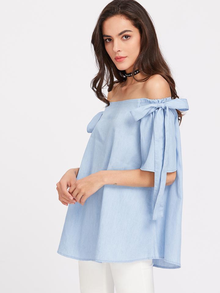 Shein Off Shoulder Self Tie Billowy Chambray Top