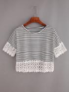 Shein Lace Trimmed Black White Striped Crop T-shirt