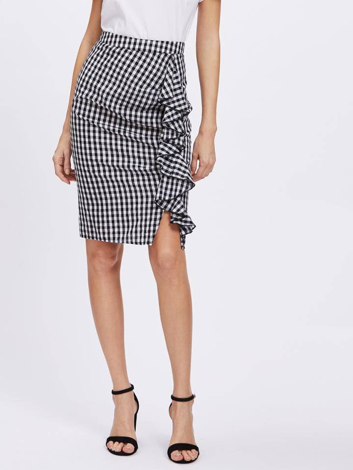 Shein Frill Trim Ruched Gingham Skirt