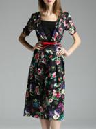 Shein Black Boat Neck Belted Floral Dress