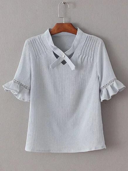 Shein Grey V Neck Ruffle Cuff Short Sleeve Blouse