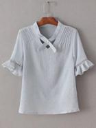 Shein Grey V Neck Ruffle Cuff Short Sleeve Blouse